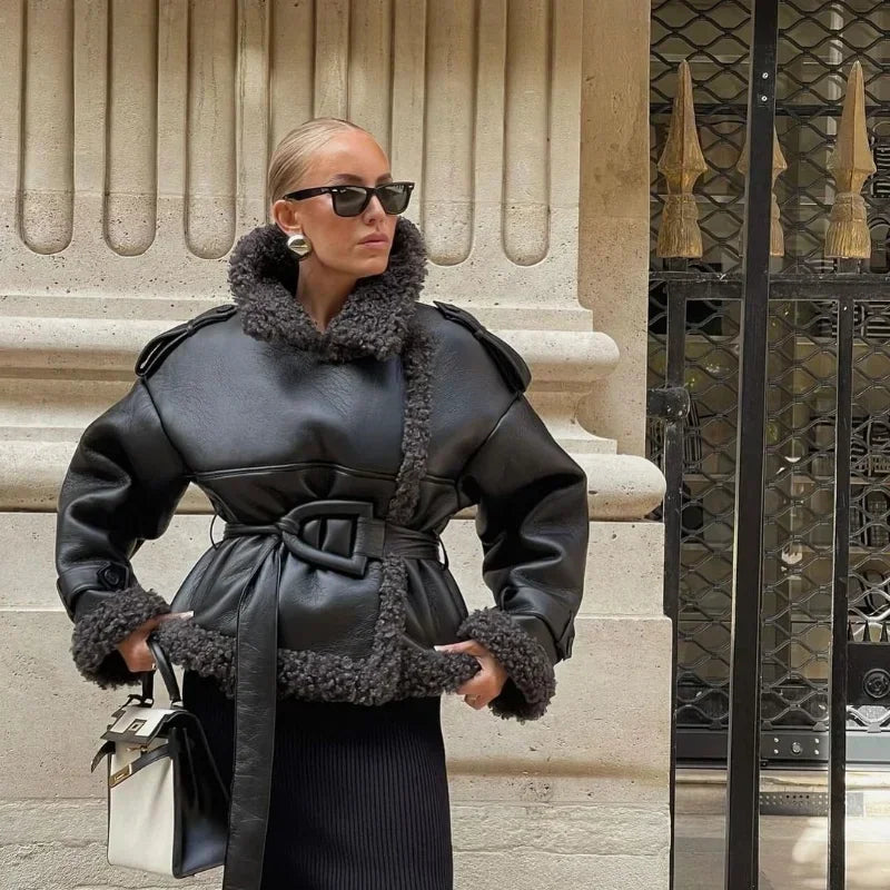 langermet med belte pelsjakke